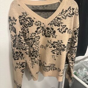 SHEIN Beige and Black Floral V-Neck Sweater
